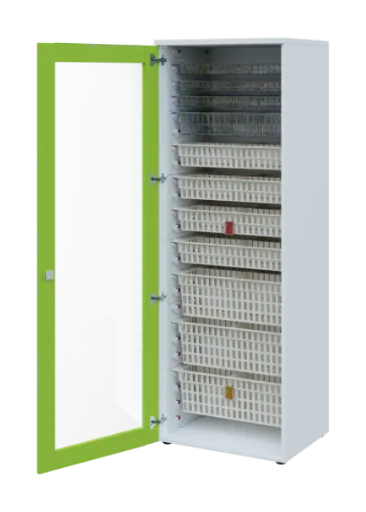 EUROMEDICA S - 66 skříň léková boxová, 1-dveřová/prosklená, levá, 1950x660x535, korpus bílý, dvířka jarní zeleň